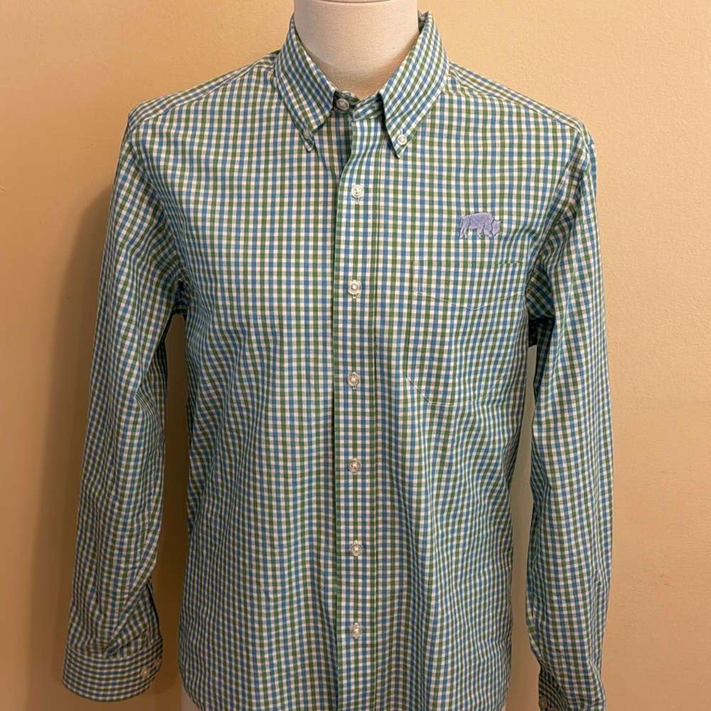 Port Authority Men’s Small Blue and Green Plaid Performance Button down Preppy